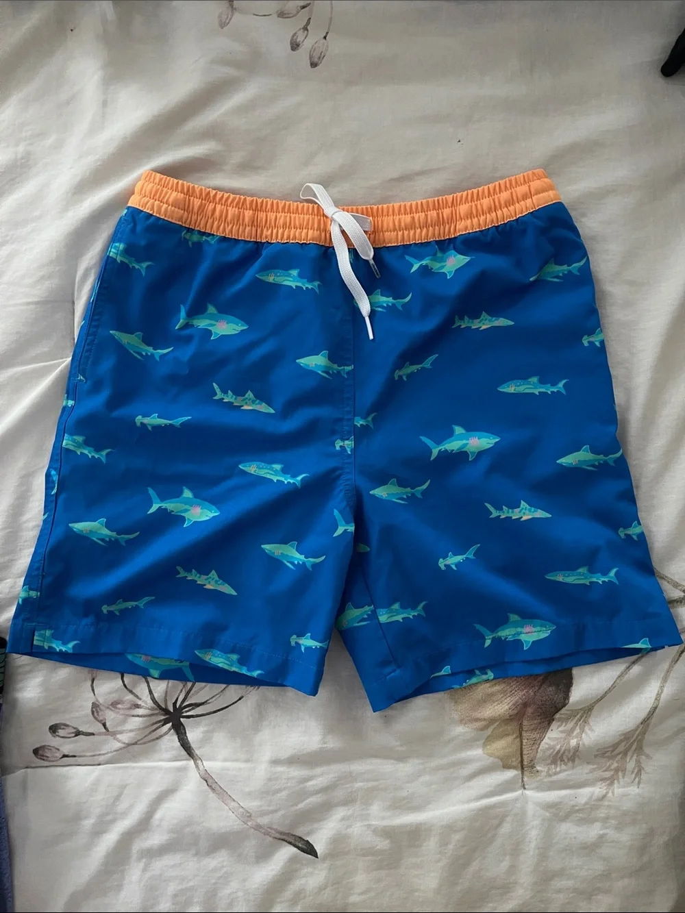 chubbies Blue Shark Swim Trunks with Orange Waistband